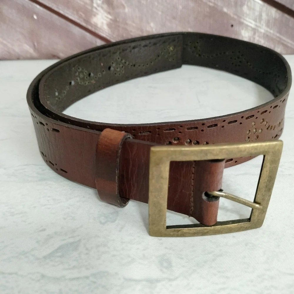 Unisex Brown Leather Belt Embossed Brass Brads Buckle Diecut Western Retro